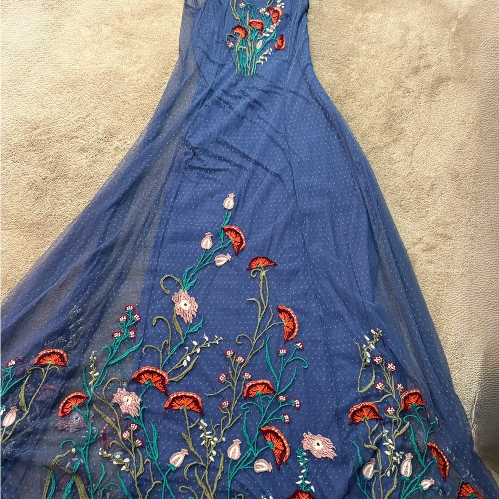 Sundance Blue Maxi Dress with Red and Green Floral Embroidery